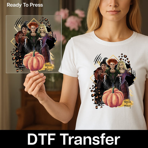 Hocus Pocus Halloween Magic DTF Transfer for Witchy Fans, Iron-On Retro Witch Pumpkin T-Shirt Apparel, Ready To Press