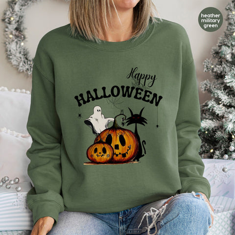 Cute Halloween Jack-o'-lantern Ghost & Black Cat DTF Transfer Ready To Press for Family Shirts