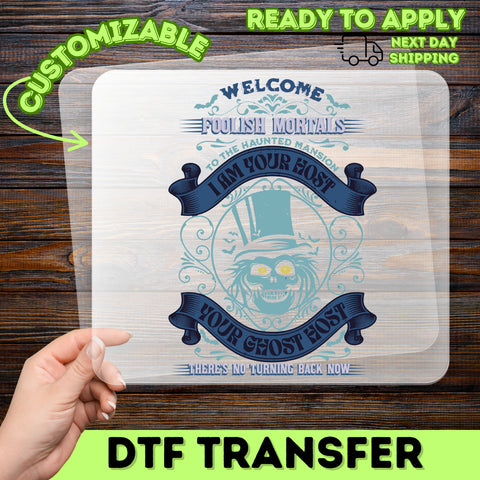 Haunted Mansion Ghostly Welcome Halloween DTF Transfer Iron-On for Spooky Apparel Group Costume