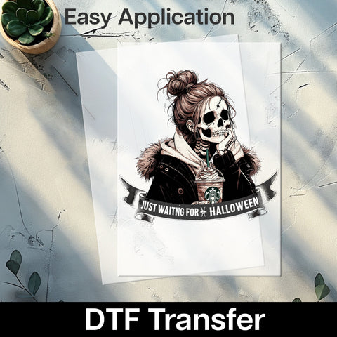Funny Gothic Chic Halloween Coffee Skull DTF Transfer Ready to Press for Trendy Women's T-Shirt Iron-On