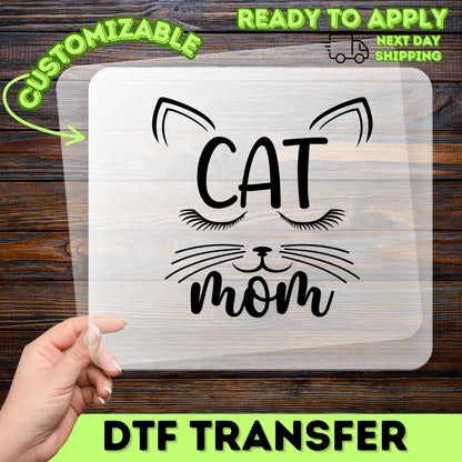 Cat Mom DTF Transfer | Cute Cat Ears & Whiskers Iron-On for Shirts | Black & White Minimalist Cat Lover Apparel | Ready To Press Gift