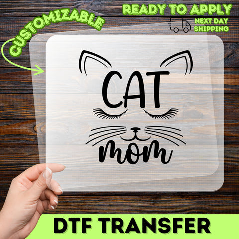 Cat Mom DTF Transfer | Cute Cat Ears & Whiskers Iron-On for Shirts | Black & White Minimalist Cat Lover Apparel | Ready To Press Gift