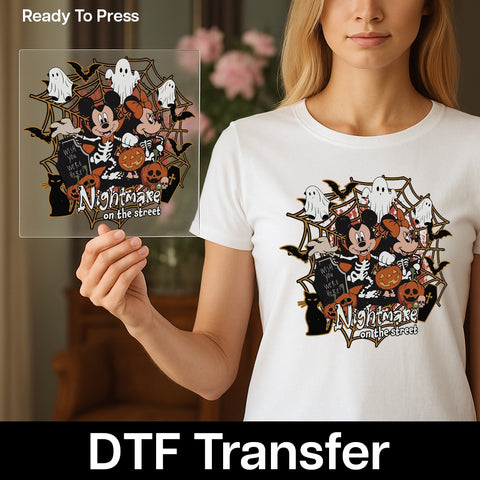Funny Halloween Skeleton Characters DTF Transfer Iron-On for Family Shirts, Retro Spooky Cartoon Apparel, Perfect for Halloween Parties