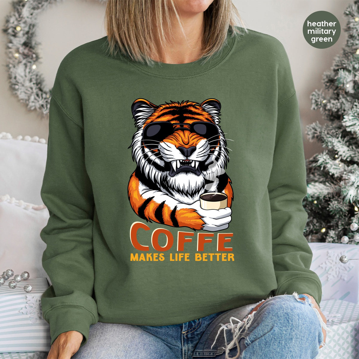 Tiger Wearing Sunglasses Coffee DTF Transfer Ready To Press Funny Coffee Lover T-Shirt Animal Humor Tee Gift
