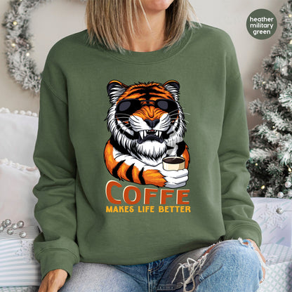 Tiger Wearing Sunglasses Coffee DTF Transfer Ready To Press Funny Coffee Lover T-Shirt Animal Humor Tee Gift