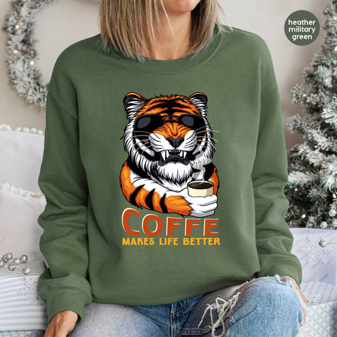 Tiger Wearing Sunglasses Coffee DTF Transfer Ready To Press Funny Coffee Lover T-Shirt Animal Humor Tee Gift