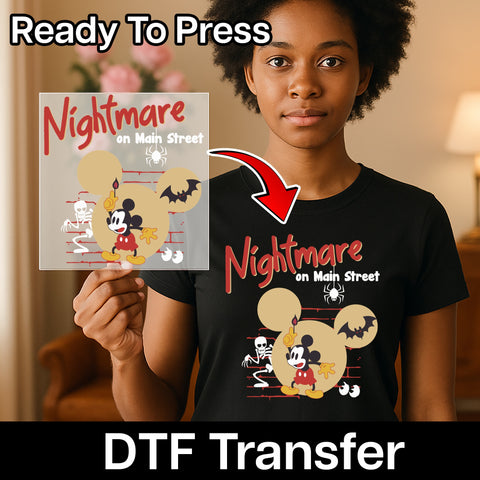 Retro Halloween Nightmare On Main Street DTF Transfer Ready To Press Cute Halloween Cartoon for Family Group T-Shirts