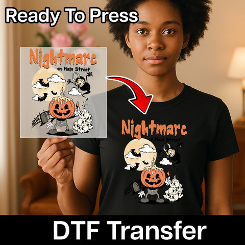 Funny Halloween Retro Pumpkin DTF Transfer, Jack-o'-Lantern with Skulls & Moon Iron-On for Halloween Family T-shirt, Ready To Press