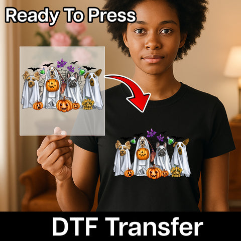 Cute Halloween DTF Transfer Iron-On Ghost Dogs & Pumpkins Funny Pet Theme Ready To Press T-Shirt Design for Dog Lovers