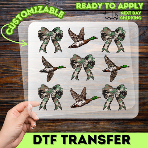 Rustic Outdoors Mallard Ducks & Camouflage Bows DTF Transfer for Hunting Enthusiast Shirts - Nature-Inspired Ready To Press Design