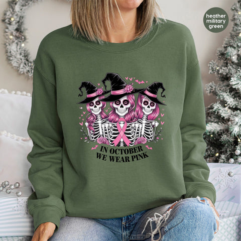 Cute Gothic Halloween Skeleton Witches DTF Transfer for Spooky Pink Ribbon Apparel & Breast Cancer Awareness