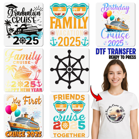 Retro Cruise Vacation 2025 Ready To Press Family DTF Transfer for T-shirts & Hoodies - Fun Nautical Theme Apparel