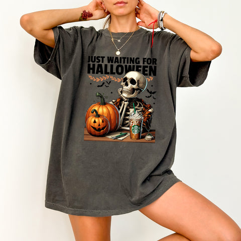 Halloween Skeleton Pumpkin Funny DTF Transfer Ready To Press Gothic Cartoon Iron-On for Fall Coffee Lover Apparel