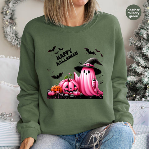 Cute Retro Pink Halloween DTF Transfer for Ghost Spraying T-Shirt & Sweatshirt, Fun Party Apparel, Iron-On for Festive Groups