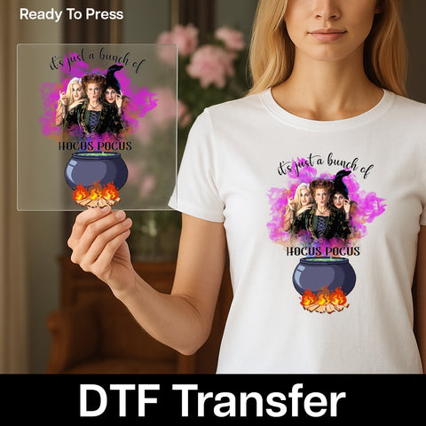 Iron-On Halloween Witch DTF Transfer for Funny Hocus Pocus Shirt, Ready to Press Retro Spooky Apparel for Movie Night Fans & Groups