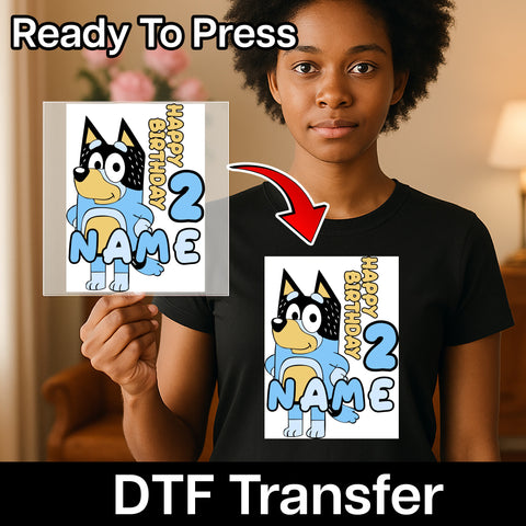 Cute Cartoon Dog Birthday DTF Transfer Iron-On | Personalized Kids Shirt | Cute 2nd Birthday Apparel | Ready To Press Party Outfit