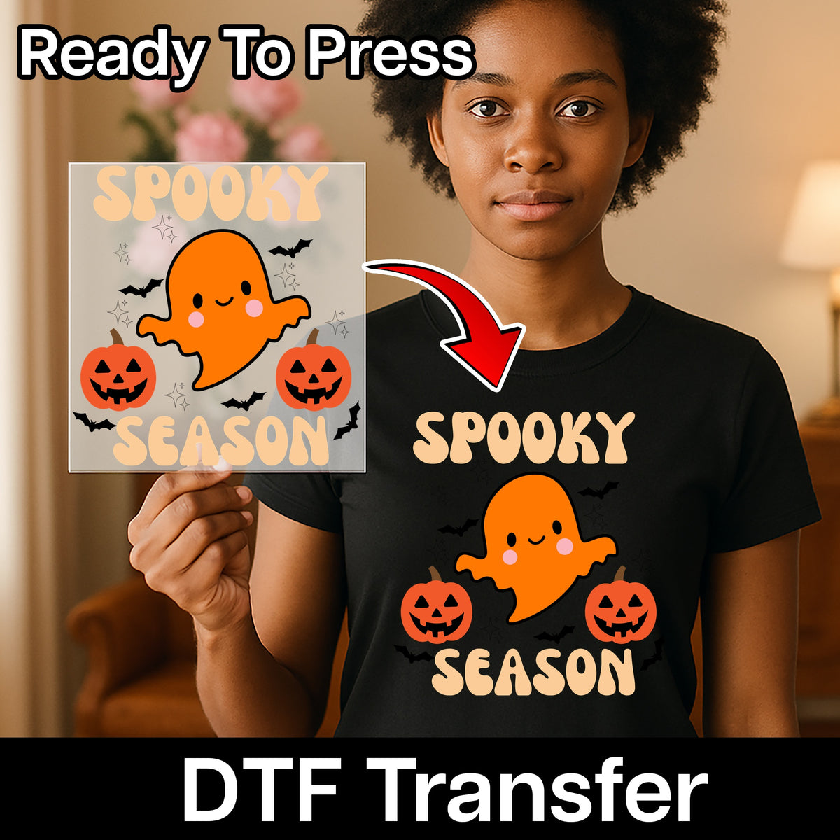 Cute Halloween Ghost & Pumpkin DTF Transfer, Spooky Season Iron-On, Ready To Press Kids T-Shirt, Family Group Halloween Apparel