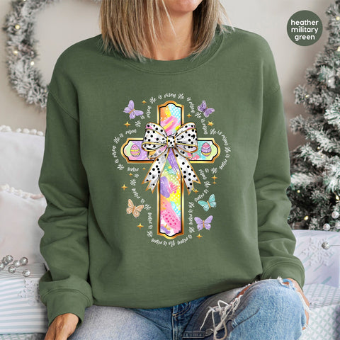 Easter He is Risen DTF Transfer, Religious Easter Cross with Butterflies for Christian Apparel, Ready to Press T-Shirt Design