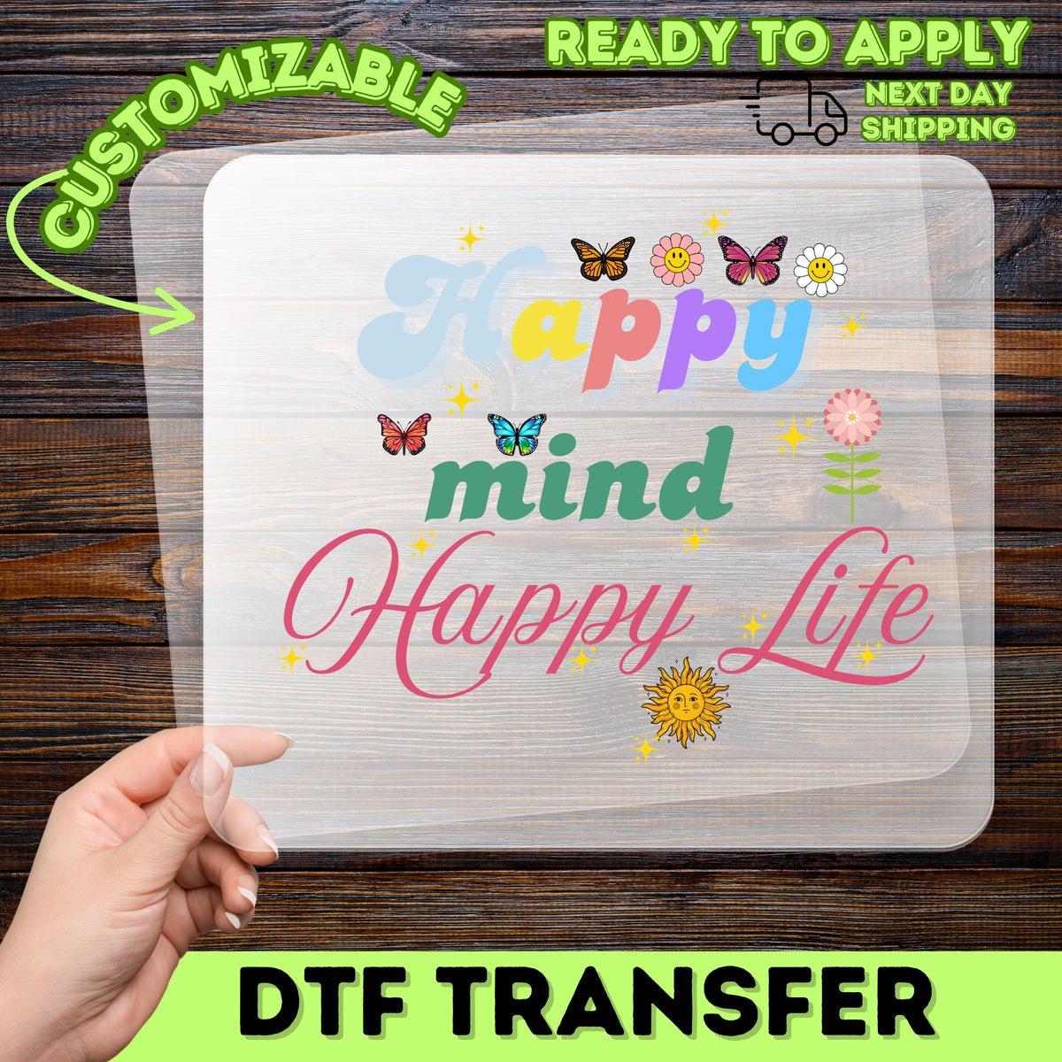 Cute Boho Spirit Happy Mind Happy Life DTF Transfer Iron-On for Women's Wellness T-Shirts & Sweatshirts