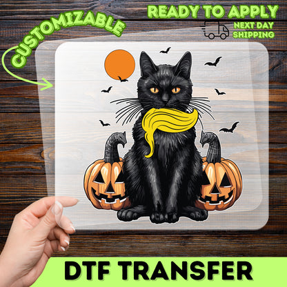 Cute Halloween Black Cat & Pumpkin DTF Transfer Ready to Press for Funny Iron-On Halloween Shirt & Sweatshirt