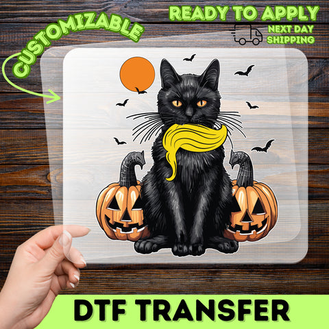 Cute Halloween Black Cat & Pumpkin DTF Transfer Ready to Press for Funny Iron-On Halloween Shirt & Sweatshirt