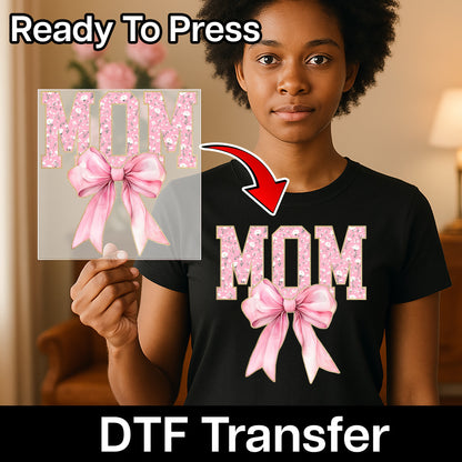 Mom's Day Floral Bow DTF Transfer T-Shirt Design - Cute & Elegant Vintage Theme Ready to Press for Mother's Day Gifts