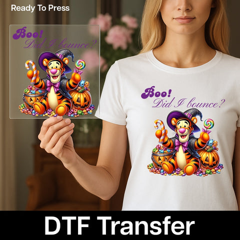 Cute Halloween Tiger DTF Transfer, Ready To Press Iron-On, Funny Boo Did I Bounce T-Shirt for Kids & Family Halloween Event