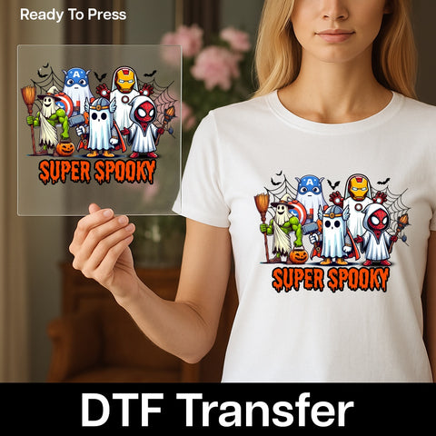 Cute Superhero Ghosts DTF Transfer - Funny Halloween Ready to Press Iron-On for Family & Comic Fans Apparel