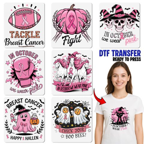 Cute In October We Wear Pink Halloween Witch DTF Transfer for Breast Cancer Awareness T-Shirt & Apparel