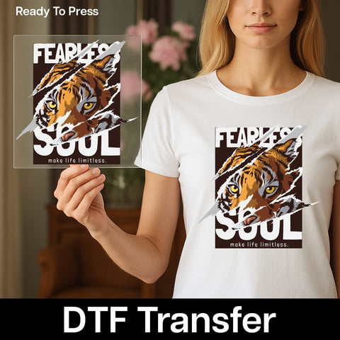 Bold Motivational Tiger DTF Transfer for Gym Apparel & Fearless Soul Adventure Tees