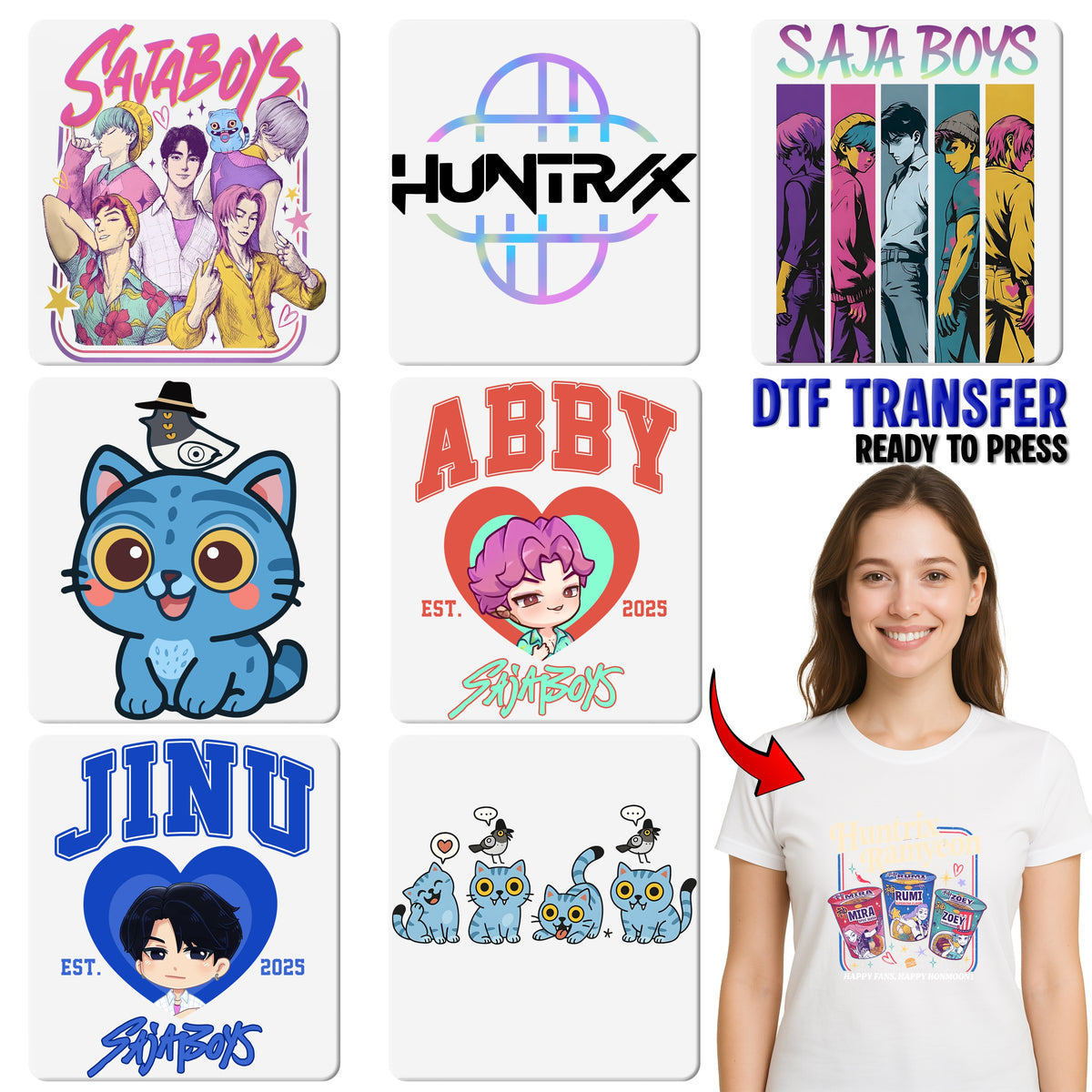 Cute Cats & Birds DTF Transfer Ready To Press Iron-On for Pet Lovers Apparel Fun Holiday Gift