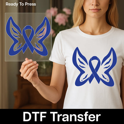 Blue Awareness Ribbon Butterfly Ready To Press DTF Transfer for Cause Support T-shirt Apparel Unity & Support Design