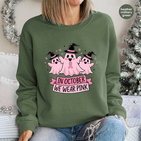 Cute Ghosts with Witch Hats & Pink Ribbon DTF Transfer for Halloween Breast Cancer Awareness Shirts