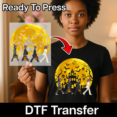 Cute Halloween Witch & Jack-o'-Lantern DTF Transfer for Party T-Shirts, Ready to Press Iron-On Apparel for Music Fans