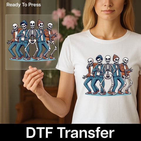 Funny Dancing Skeletons Retro Halloween DTF Transfer Ready To Press for T-shirt & Sweatshirt Apparel Party-Goers