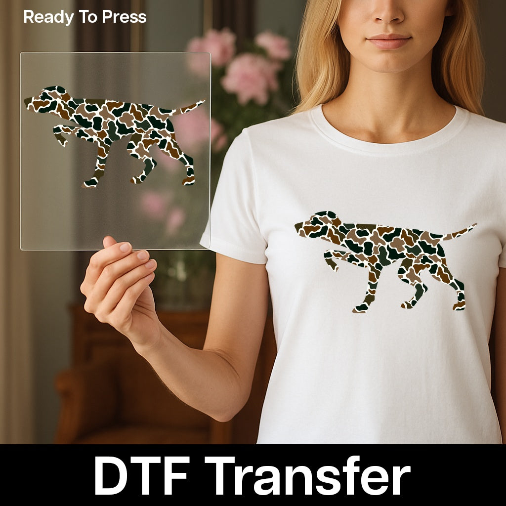 Camo Dog Silhouette DTF Transfer | Perfect for Hunters & Outdoor Enthusiasts | Iron-On Apparel Gift