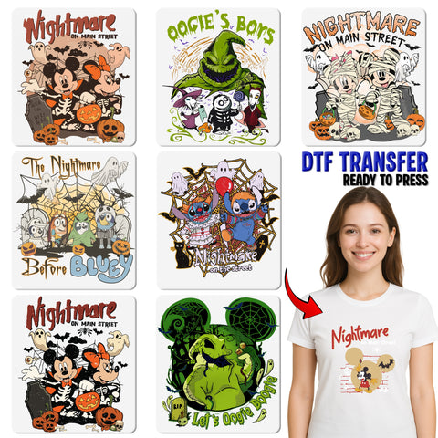 Retro Halloween DTF Transfer for T-Shirts - Cute Pumpkin Head & Spooky Cartoon Characters - Iron-On for Family Apparel