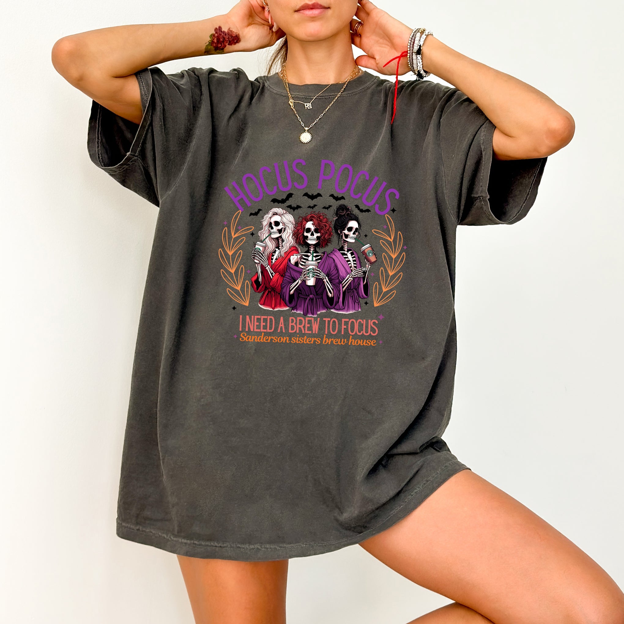 Funny Halloween Skeletons Hocus Pocus DTF Transfer for Women Shirt & Witchy Coffee Lover Iron-On Ready to Press Apparel
