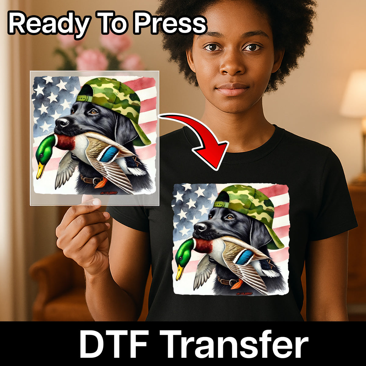 Realistic Hunting Dog with Duck DTF Transfer, Patriotic Labrador Iron-On for Outdoor Enthusiasts Apparel, Perfect for Hunting Shirts & Hoodies