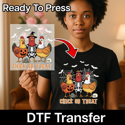 Chick or Treat Iron-On Funny Halloween DTF Transfer Cute Chicken Costume Apparel for Farm Enthusiasts & Families