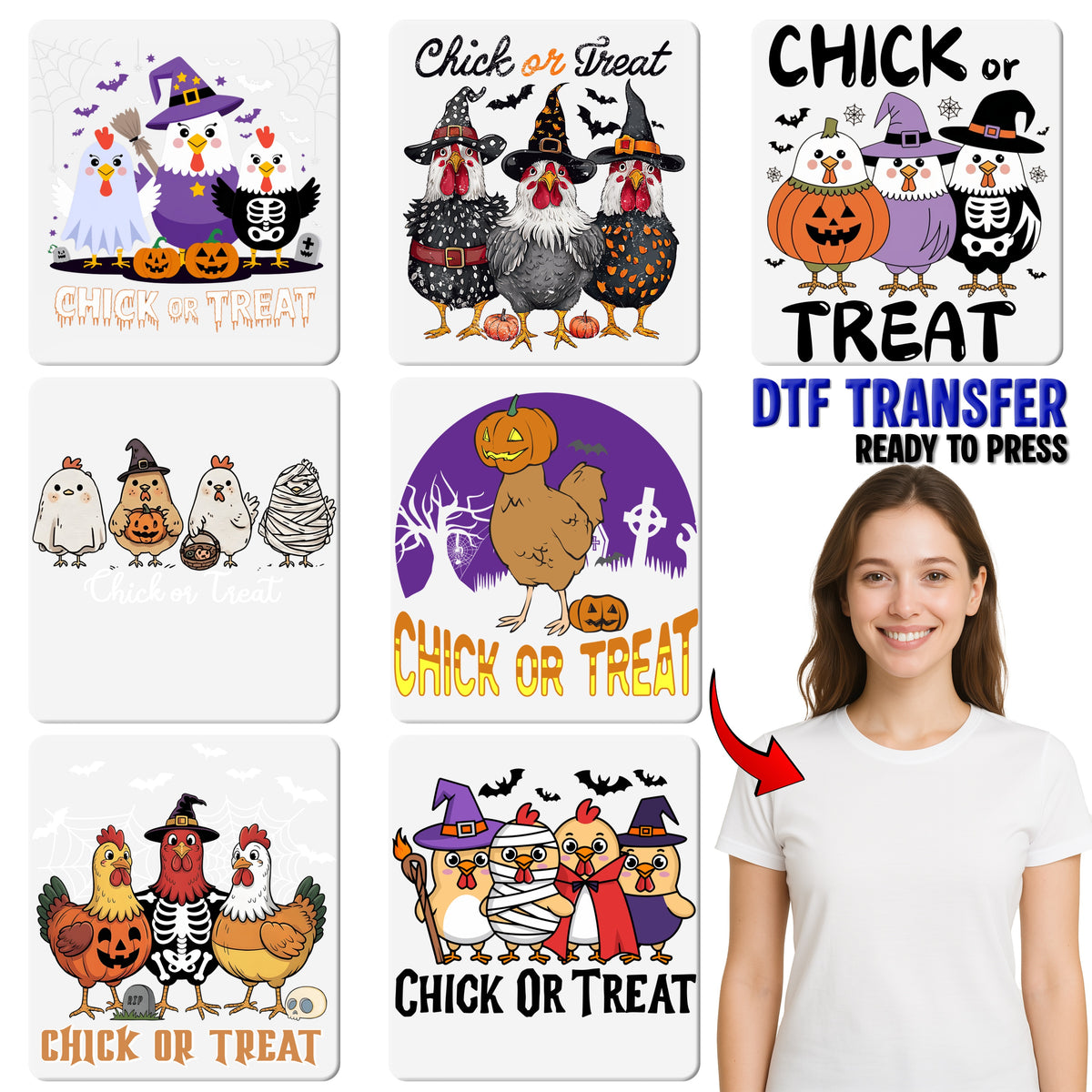 Chick or Treat Iron-On Funny Halloween DTF Transfer Cute Chicken Costume Apparel for Farm Enthusiasts & Families