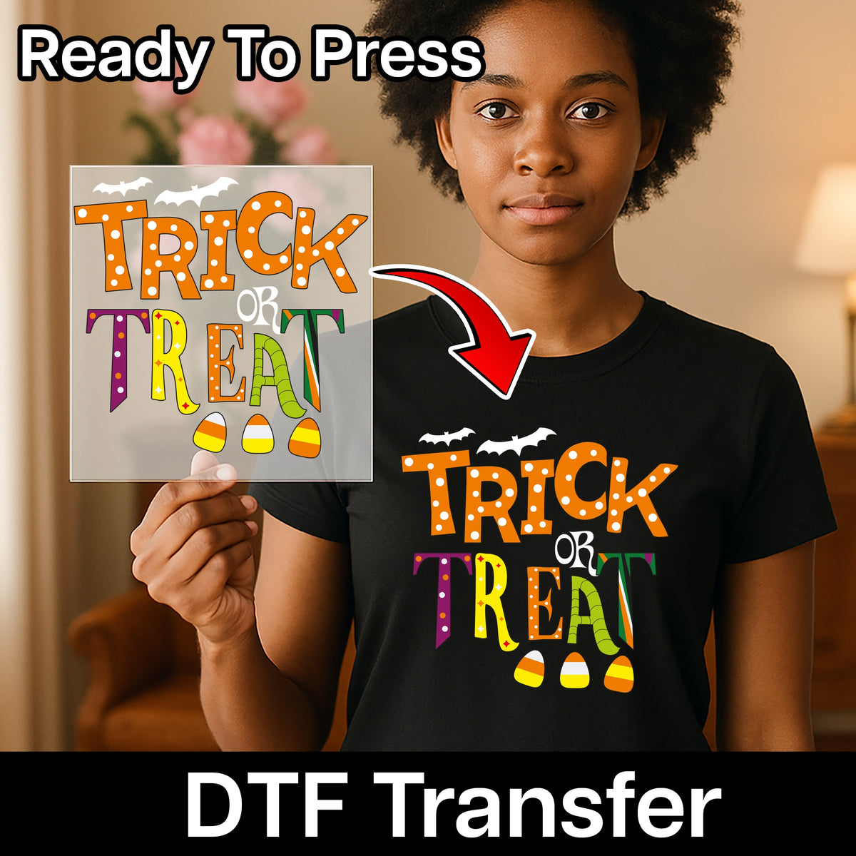 Fun & Cute Trick or Treat Halloween DTF Transfer for Kids & Family Apparel - Retro Polka Dot Shirt Design
