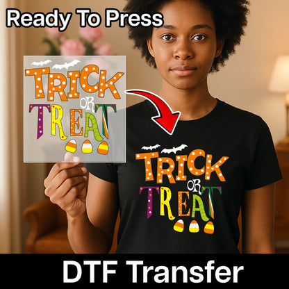 Fun & Cute Trick or Treat Halloween DTF Transfer for Kids & Family Apparel - Retro Polka Dot Shirt Design
