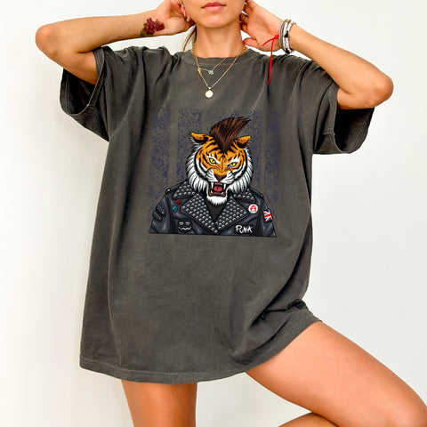 Punk Rock Tiger DTF Transfer Rebel Fashion Tee for Festival Goers & Music Enthusiasts Iron-On T-Shirt Design