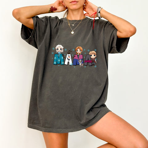 Frozen Inspired Cute Mama DTF Transfer for Family T-Shirt Ready to Press Ice Princess Chibi Style for Moms & Kids Apparel