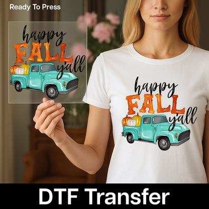 Vintage Teal Truck Fall DTF Transfer Cute Pumpkin Spice Autumn Harvest Iron-On for T-Shirt Apparel Rustic Farmhouse Charm