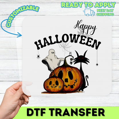 Cute Halloween Jack-o'-lantern Ghost & Black Cat DTF Transfer Ready To Press for Family Shirts