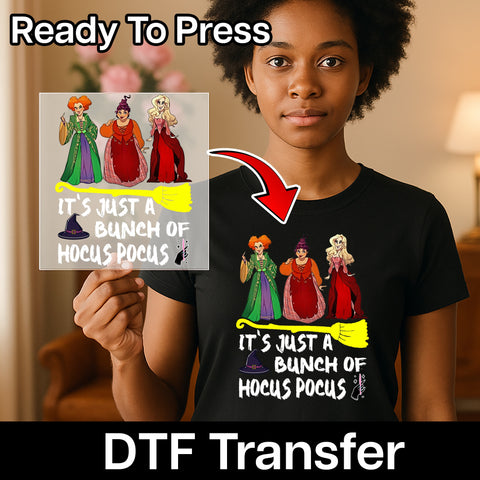 Funny Halloween Witch Trio DTF Transfer, Iron-On Ready to Press Fall Apparel, Hocus Pocus Shirt for Retro Halloween Fun