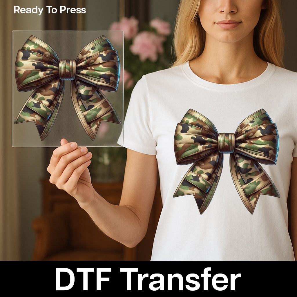 Realistic Camouflage Bow DTF Transfer - Army Support Apparel or Ready To Press Iron-On Military Theme for T-Shirts & More