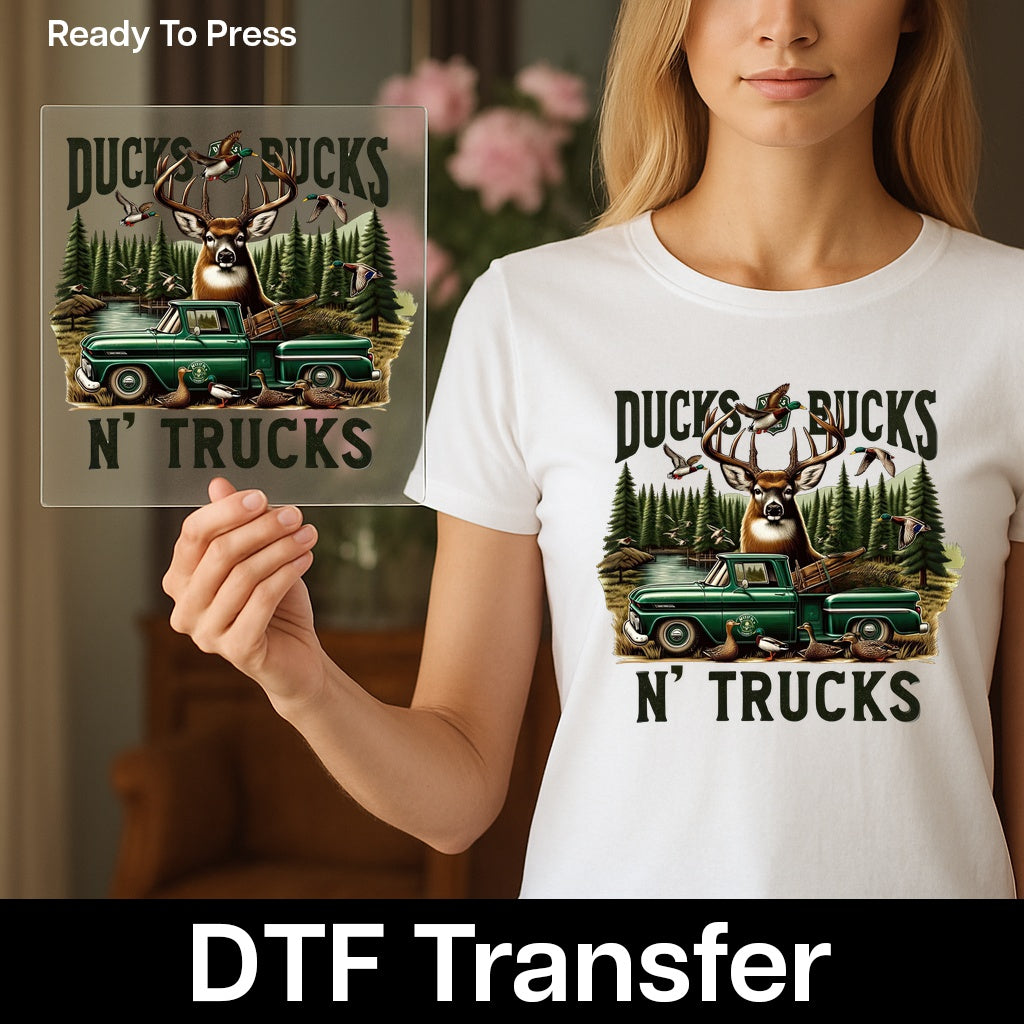 Retro Ducks & Trucks DTF Transfer for Hunting Apparel, Outdoor Adventure Wildlife Design, Vintage Buck & Truck Ready To Press